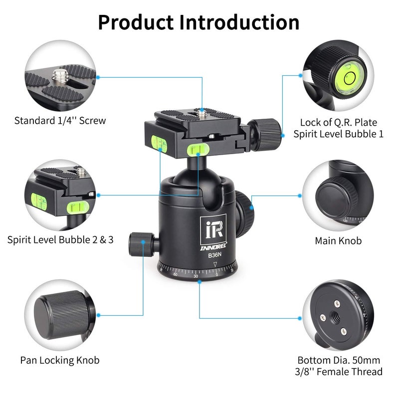 Innorel Tripod Ball Head, Camera Tirpod Ball Head Mount 36MM Diameter Ball INNOREL B36N All Metal CNC Panorama Ballhead 1/4" Screw 3/8" Hole for DSLR Camera Camcorder Tripod Monopod Slider (B36N) - Image 4